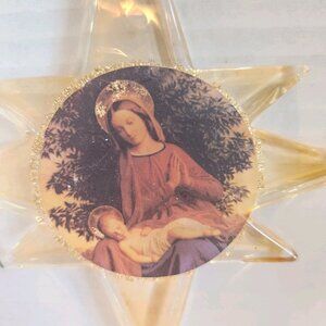Vintage Glass Star Ornament W/photo Madonna And Child Virgin Mary & Baby